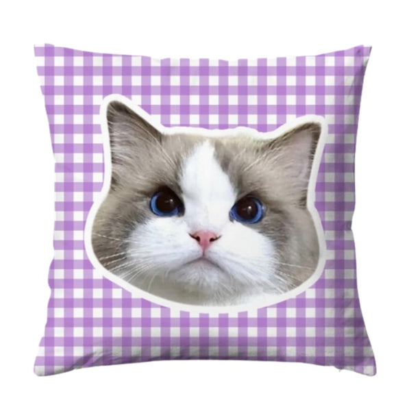 Custom Photo Pillow with Cat Photos, Print Pet Photo on Pillow, Cat Portrait Checkered Pillow - Myminipets